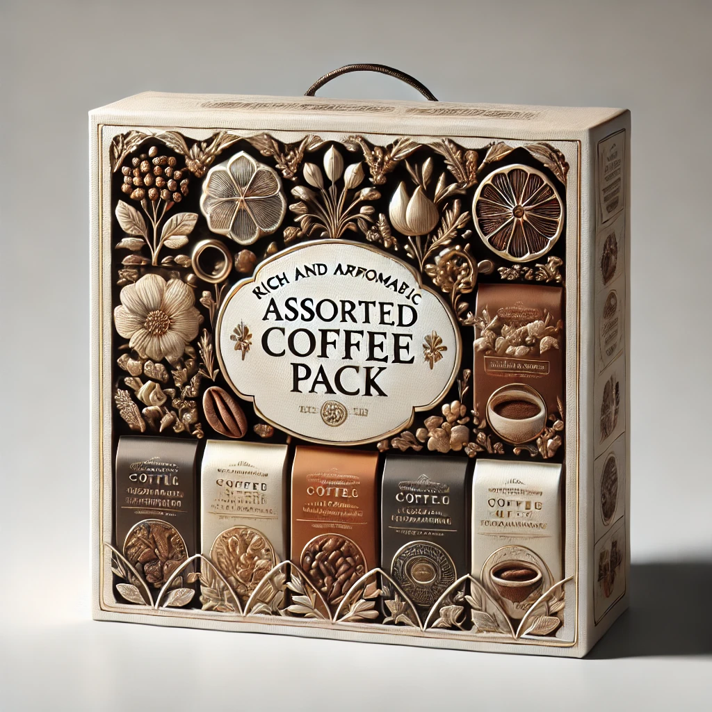 DALL·E 2024-07-25 14.16.02 - A rich and aromatic assorted coffee pack with a variety of flavors, displayed in an elegant, attractive packaging. The background should be simple and