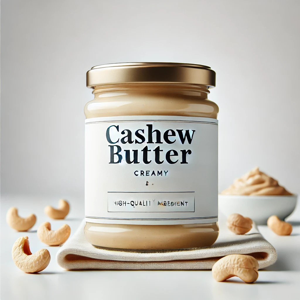 DALL·E 2024-07-25 14.16.04 - A jar of creamy and delicious cashew butter, displayed with a simple and white background to focus on the product. The jar should have an elegant labe