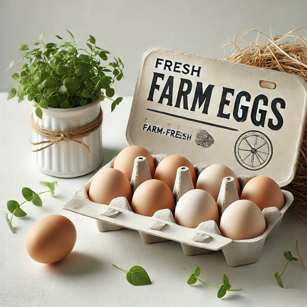 DALL·E 2024-07-25 14.16.06 - A carton of fresh farm eggs, displayed in a neat arrangement with a simple and white background to focus on the product. The carton should have a rust