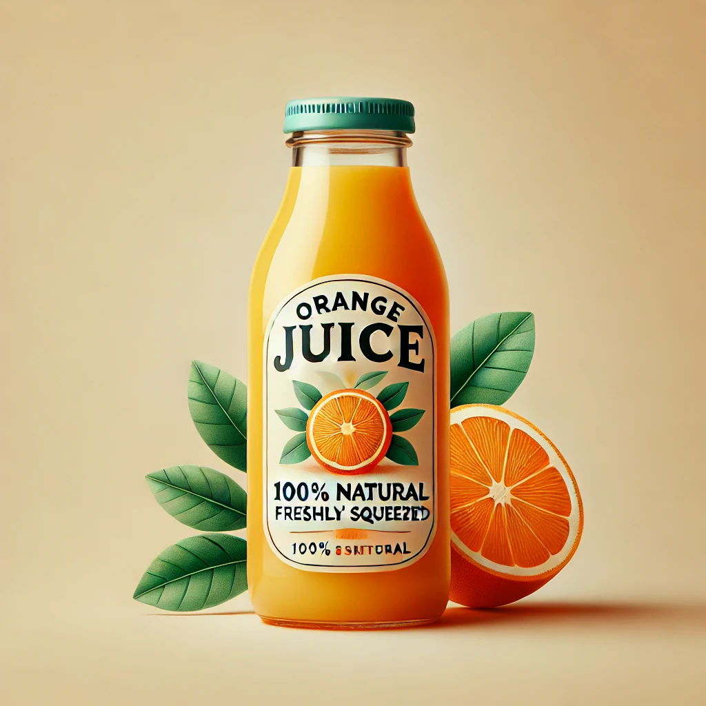 DALL·E 2024-07-25 14.16.08 - A bottle of fresh orange juice, displayed in a clear bottle with a vibrant label, and a simple white background to focus on the product. The label sho
