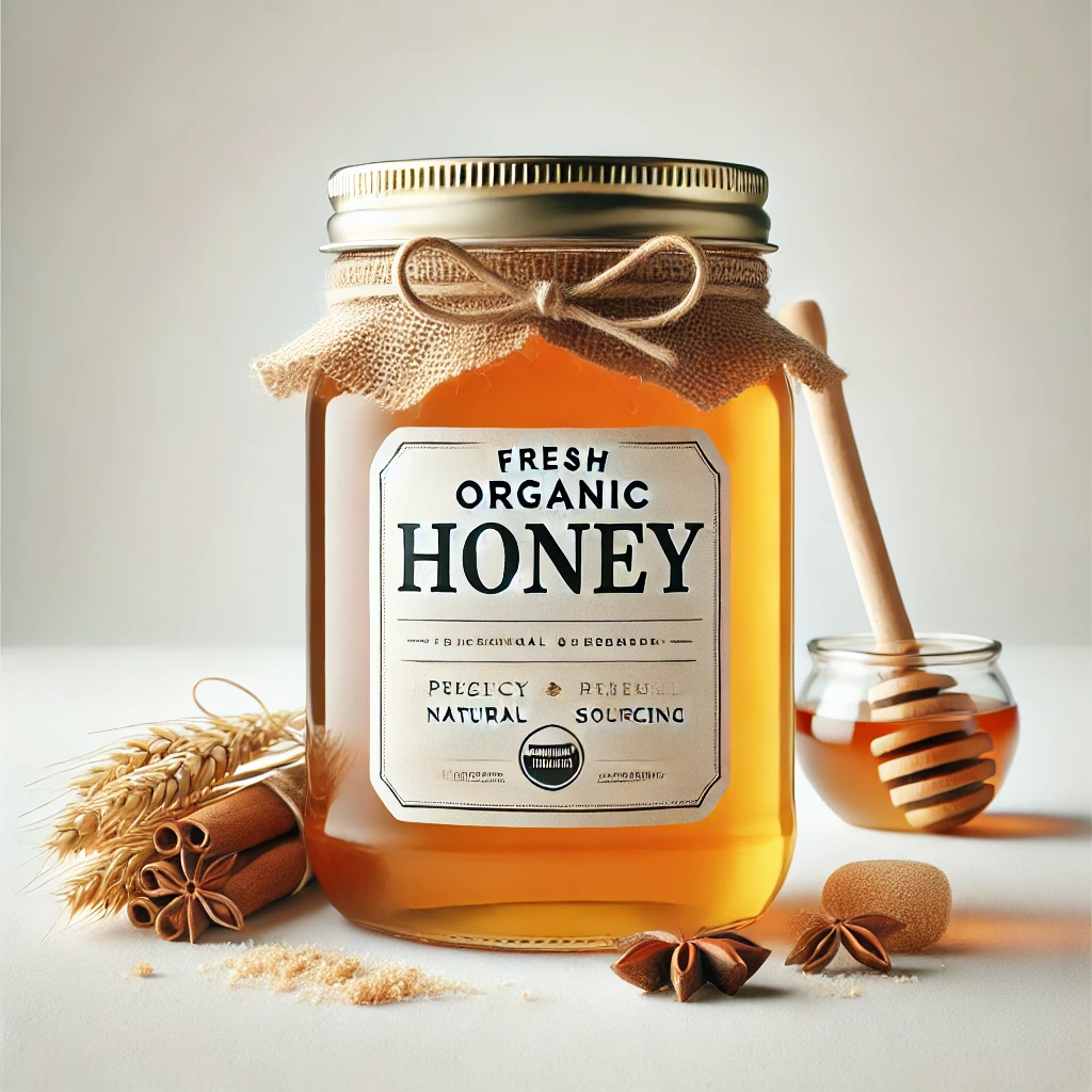 DALL·E 2024-07-25 14.16.10 - A jar of fresh organic honey, displayed with a simple and white background to focus on the product. The jar should have a rustic label highlighting it