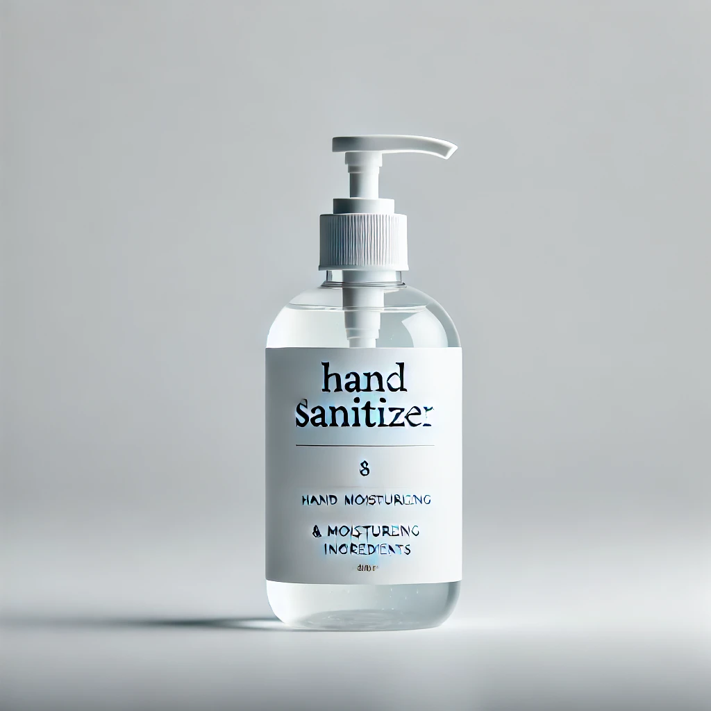 DALL·E 2024-07-25 14.16.11 - A bottle of hand sanitizer, displayed with a simple and white background to focus on the product. The bottle should have a clean and modern label show