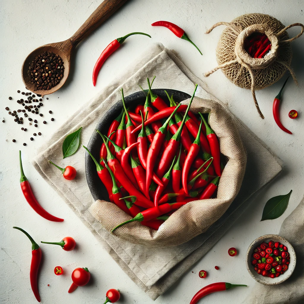 DALL·E 2024-07-25 14.16.13 - A bunch of handpicked red chillies, displayed with a simple and white background to focus on the product. The chillies should look vibrant and fresh,