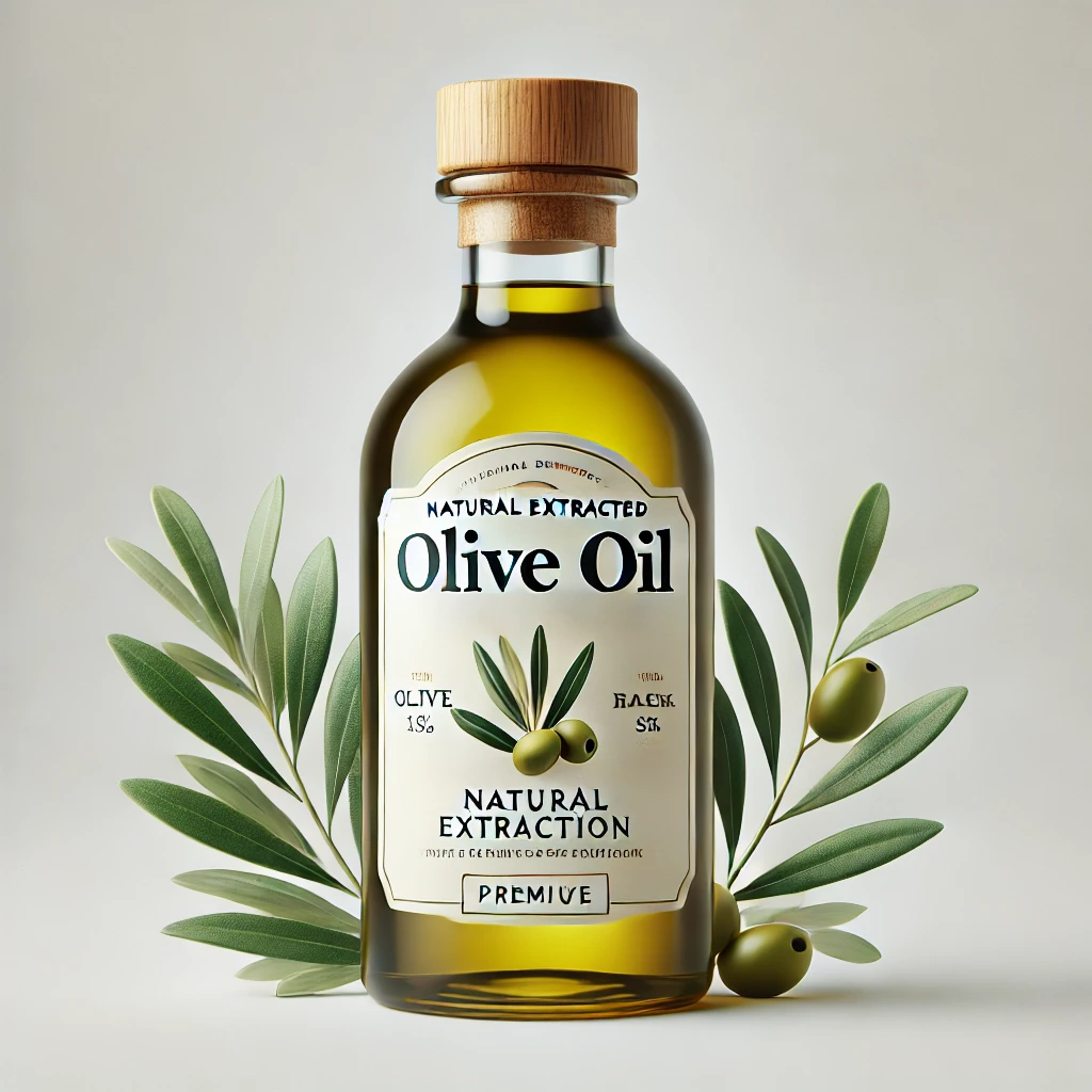 DALL·E 2024-07-25 14.16.17 - A bottle of natural extracted olive oil, displayed with a simple and white background to focus on the product. The bottle should have a premium label