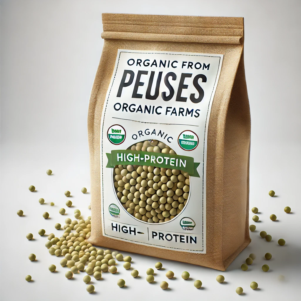 DALL·E 2024-07-25 14.16.20 - A bag of pulses from organic farms, displayed with a simple and white background to focus on the product. The bag should have a label highlighting its