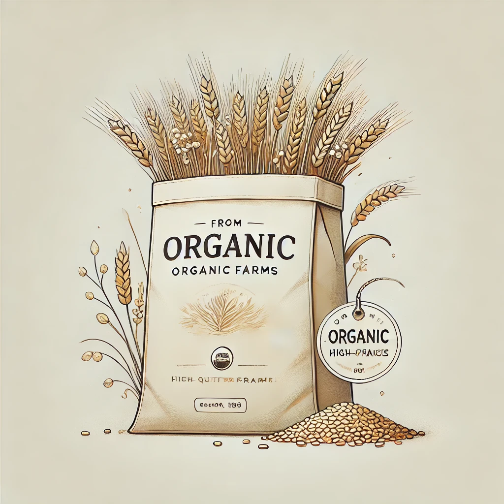 DALL·E 2024-07-25 14.16.22 - A bag of wheat from organic farms, displayed with a simple and white background to focus on the product. The bag should have a label highlighting its